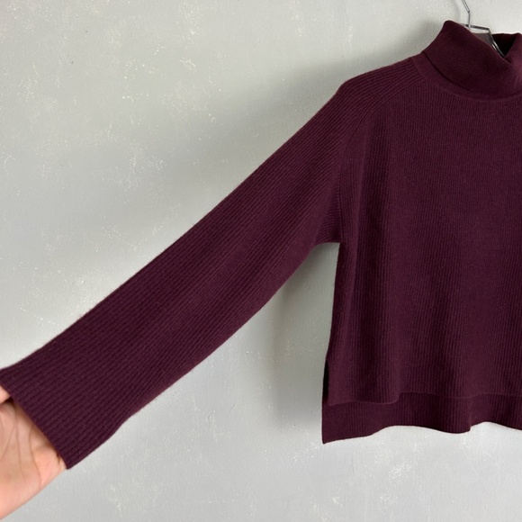 M.M. Lafleur size S burgundy turtleneck ribbed sweater 100% cashmere hi-low - Picture 4 of 9